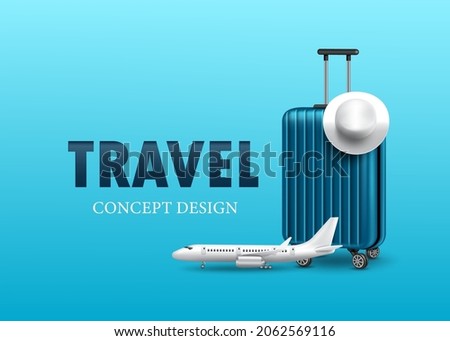 plane was parked in front luggage bag or baggage with a white hat is placed on top for travel concept design ,vector 3d on blue background for advertising stimulate tourism ,vector virtual template