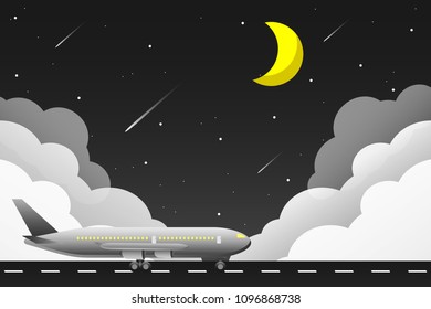 The plane parked on the runway with a Night sky background, Background, Vector, Illustration.
