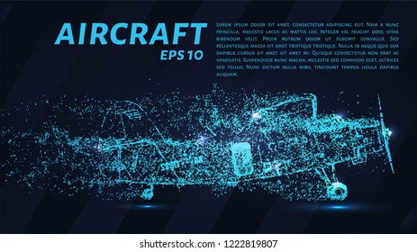 The plane of the particles. Agricultural aircraft takes off. The plane disintegrates to smaller molecules. Vector illustration