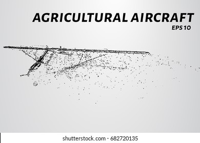 The plane of the particles. Agricultural aircraft takes off. The plane disintegrates to smaller molecules. Vector illustration.