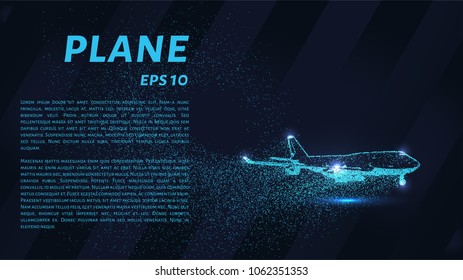 The plane of the particles. The plane climbs and the wind it rips small pieces. The plane from points. Vector illustration