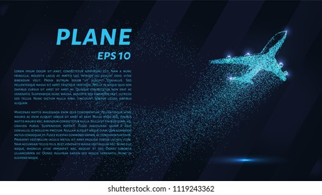 The plane of the particles. The plane climbs and the wind it rips small pieces. Vector illustration.