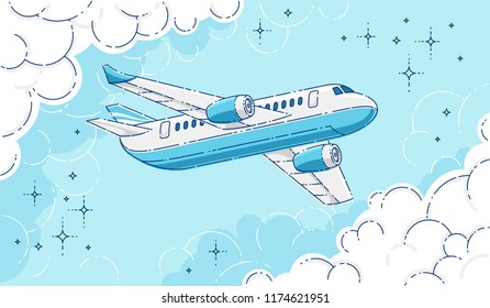 Plane passenger airliner flying in the sky surrounded by clouds, beautiful thin line 3d vector illustration.