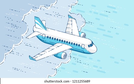Plane passenger airliner flying in the sky surrounded by clouds, beautiful thin line 3d vector illustration.