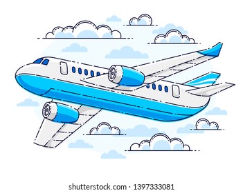 Plane passenger airliner flying in the sky surrounded by clouds, beautiful thin line vector isolated over white background.