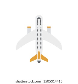 Plane or passenger airplane ready to flight icon in white and yellow to place in airline and travel project. Aircraft flat vector illustration isolated on background.