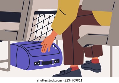 Plane passenger placing hand luggage under seat in front of his chair. Air tourist putting personal bag, baggage underneath for storage during aircraft flight for safety. Flat vector illustration