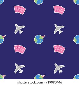 plane passport and globe with eiffel tower and pyramid cartoon seamless pattern