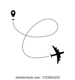 Plane path with geotag and dashed route. Black silhouette isolated on white background. Vector illustration.