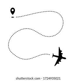 Plane path with geotag point and dashed track. Black silhouette isolated on white background. Vector illustration.