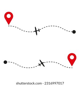 Plane path with location pins. Path to location by plane, tourism way, route flight. Vector illustration. stock image.