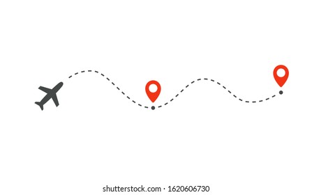 Plane path with location pins vector illustration. Path to location by plane, tourism way, route flight