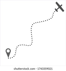 Planweg mit Position Pins Vektorbild. Weg zum Standort mit dem Flugzeug, touristischer Weg, Streckenflug.