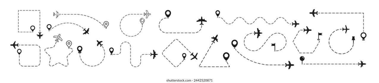 Plane path with location pins vector illustration. Airplane routes set. Plane route line. Plane paths. Aircraft tracking, planes, travel, map pins, location pins