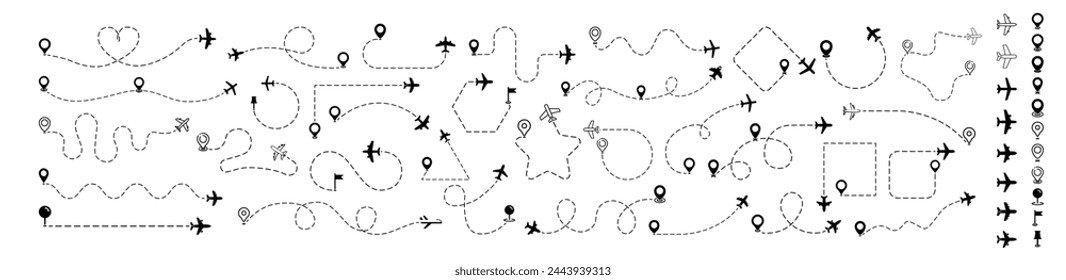 Plane path with location pins vector illustration. Airplane routes set. Plane route line. Plane paths. Aircraft tracking, planes, travel, map pins, location pins