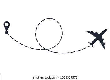 Plane with path of movement, airplane route, aircraft flight move, trajectory dotted line. Black silhouette. Vector