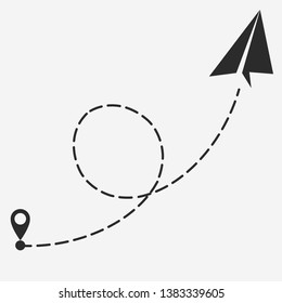 Plane with path of movement, airplane route, aircraft flight move, trajectory dotted line. Black silhouette. Vector