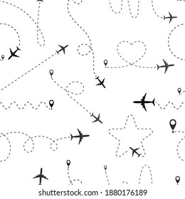 Plane path seamless pattern. Travel and tourism simple background. Airplane silhouette and route in the dotted line shape. vector illustration.