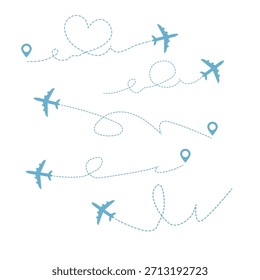 Plano con trazado establecido. Grupo de aviones voladores con Ilustración vectorial de ruta aérea punteada