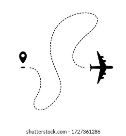 Plane path with start point and dashed route. Airlines graphic. Black silhouette isolated on white background. Vector illustration.