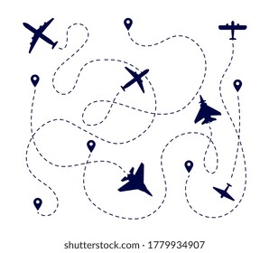 Plane paths. Aircraft way, dotted path or road. Airplane fly route. Travel transportation pathway with destination pin vector illustration
