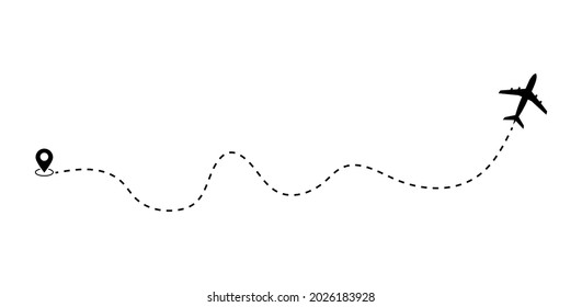 Plane paths vector. Aircraft tracking, planes silhouettes, location pins isolated on transparent background. Illustration of route flight line
