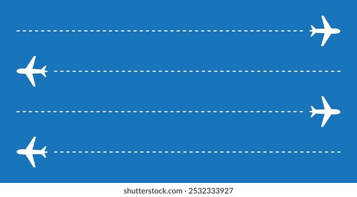 Plane paths vector. Aircraft tracking, planes silhouettes. blue background Illustration of route flight line