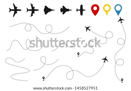 Plane paths vector. Aircraft tracking, planes silhouettes, location pins isolated on white background. Illustration of route flight line, air jet travel