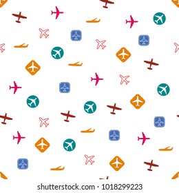 Plane pattern. Seamless airplane background with different types of planes. Vector illustration.
