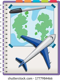 Plane and pen on notebook isolated on white background illustration