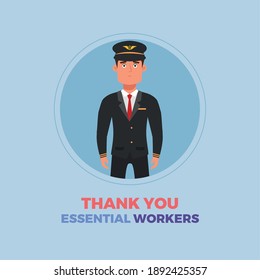 Plane Pilot Blue Thanks Essential Workers Logo - Vector