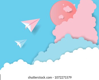 plane pink and blue paper art style with pastel sky background,vector art and illustration