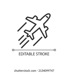 Plane pixel perfect linear icon. Commercial flight. Jet engine. Landing and departure. Thin line illustration. Contour symbol. Vector outline drawing. Editable stroke. Arial font used