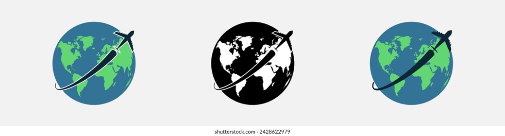 Plane and planet earth icon set	
