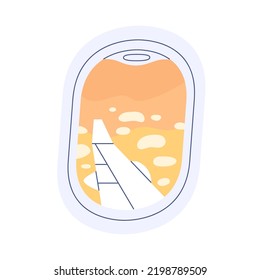 Plane porthole view on sunset, sunny sky, airplane wing during flight. Scenery outside aircraft window with sun set on summer evening. Flat graphic vector illustration isolated on white background