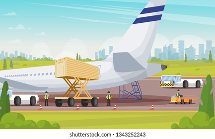 Plane Preparation for Boarding Flat Illustration. Many Airport Employees iPrepare Everything they Need for Comfortable Emplaning People in their Seats on Tickets Purchased Aircraft.