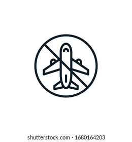Signo de avión y prohibido, cancelación de vuelo, iconos de esquema de prohibición de salida. Ilustración vectorial. Trazo editable. Icono aislado adecuado para web, infografías, interfaz y aplicaciones.