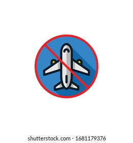 Plane and prohibited sign, flight cancellation, departure ban filled outline icons. Vector illustration. Editable stroke. Isolated icon suitable for web, infographics, interface and apps.