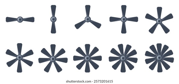 Plane propeller. Aircraft engine rotor blades, mechanical machine turbine fan, aviation transport equipment, flat isolated icons. Vector set.