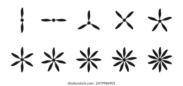 Plane Propeller Icon Set. Plane Propeller von 2 bis 10 Blatt. Vektorillustration isoliert auf weißem Hintergrund.