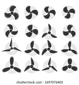 Plane propellers. Aircraft propeller icons, symbols fan rotating  isolated on a white background. Vector illustration. Editable stroke