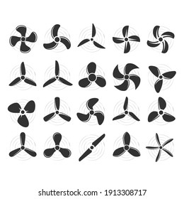 Plane propellers set - fan, rotor mover, aircraft propeller icons, wind fan rotating prop, airplane airscrew