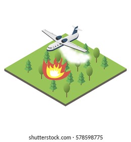 Plane putting out a forest fire. Isometric.
