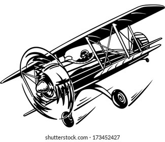 plane, retro biplane with a propeller in the air, flying in the sky, vector illustration