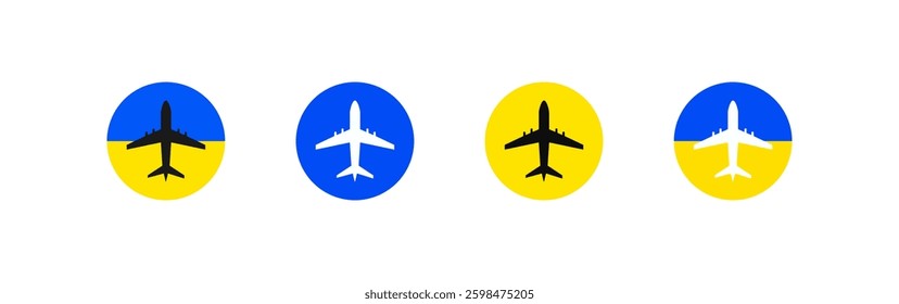 Plane round icon vector illustration. Airplane sign in Ukrainian flag colors. Travel symbols badges set. Opening of flights from Ukraine illustration. Blue and yellow colors
