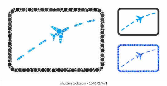 Plane route composition of filled circles in various sizes and color tinges, based on plane route icon. Vector filled circles are composed into blue collage.