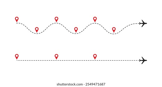 Linha tracejada de rota plana com pinos de mapa vermelhos. Trajeto do avião. Diagrama do processo comercial. Infográficos de linha do tempo. Projeto de vetor plano.