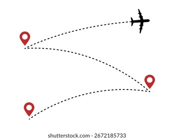 Línea discontinua de la ruta del avión con los pines rojos del mapa, diagrama del viaje del avión