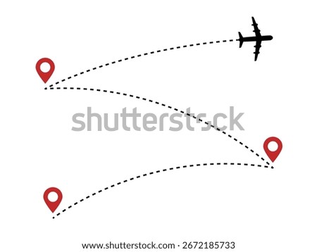 Plane route dashed line with red map pins, airplane journey diagram