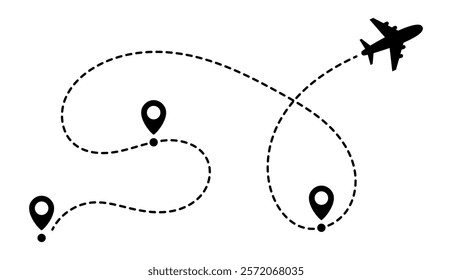 Plane route with dashed line. Trajectory of aeroplane flight. Route icon. Map location pointer. Location, pin, gps, road maps.